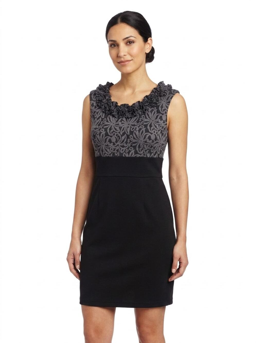 London Times Black Gray Colorblock Floral Ruffle Sheath Dress Women Size 10